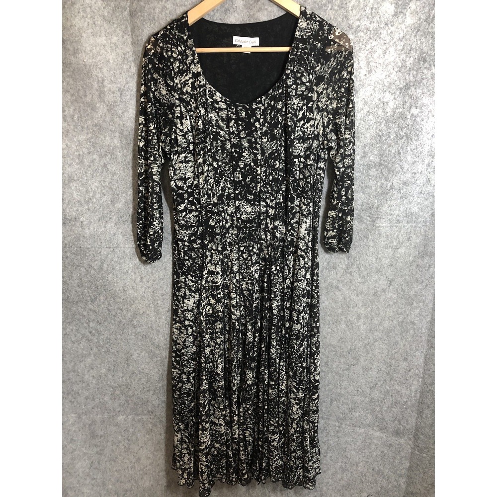 Coldwater Creek Dress Women's XL Black Ivory Print Empire Waist Midi 3/4‎ Sleeve